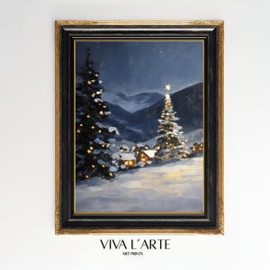 Christmas Landscape with snowy mountains and christmas tree Wall art,Cozy Christmas Art print, Printable winter wonderland scenery painting