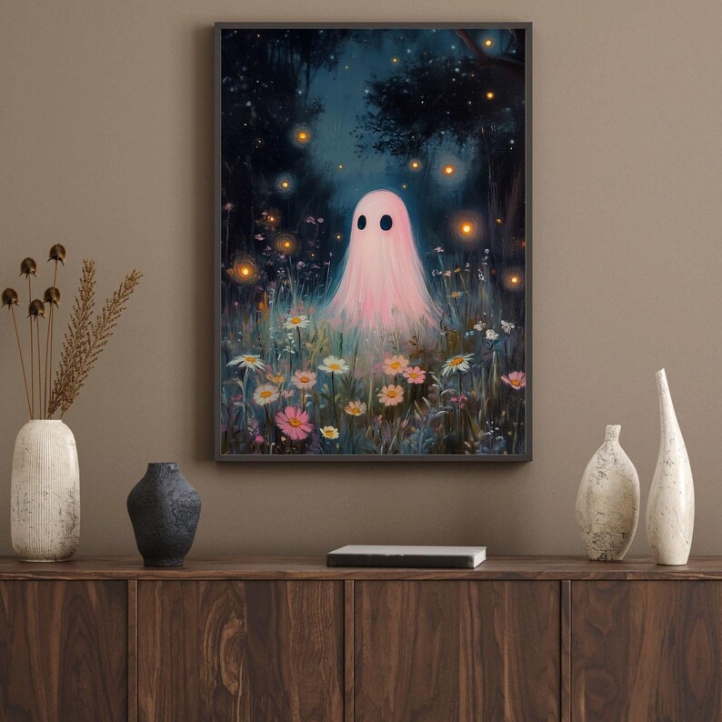 Pink Ghost Halloween Wall Art | Ghost Wildflower Print | Spooky Wall ...