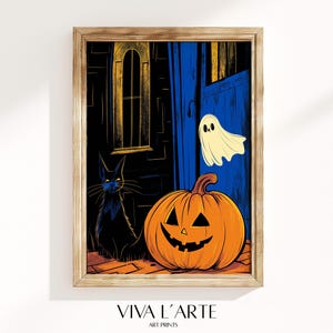 Cartel imprimible retro de Halloween, estampado de calabaza y gato fantasma espeluznante, arte de pared de Halloween estilo dibujos animados retro, truco o trato de fiesta de Halloween