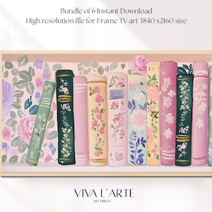 May include: A set of six digital art prints depicting a row of books with floral designs. The books are in shades of pink, green, and white, and the background is a light pink with floral patterns. The text "VIVA L'ARTE ART PRINTS" is at the bottom of the image.