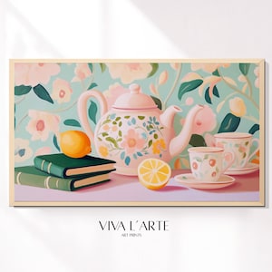 May include: A pink floral teapot with a lemon and two teacups on a table with a floral pattern. The text "VIVA L'ARTE ART PRINTS" is below the image.