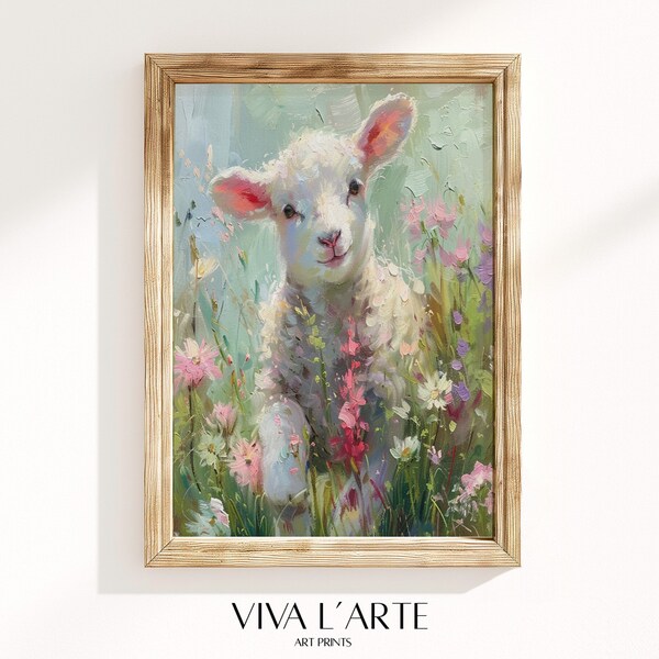 Adorable art mural d’agneau | Décor de pépinière pastel | Peinture à l’huile imprimable | impression d’art numérique | décor de printemps de Pâques | animal de printemps art mural