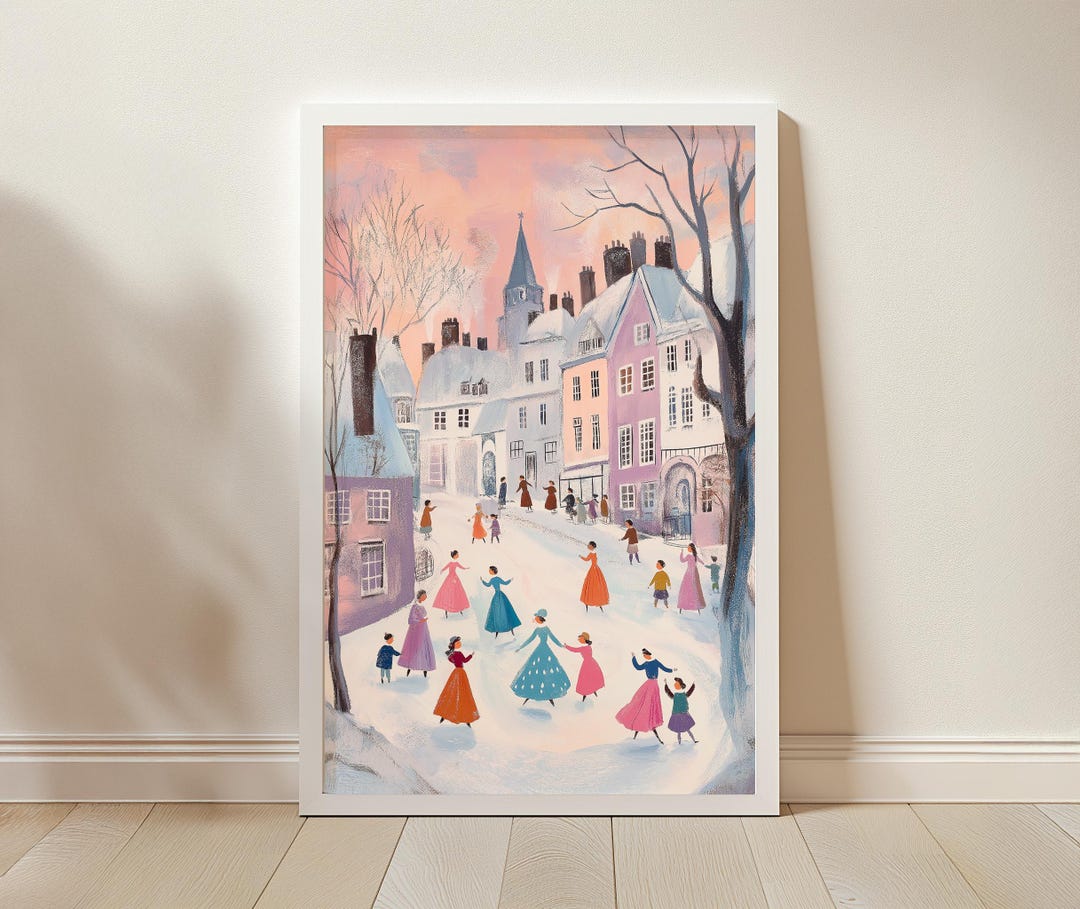 Festive Winter Village Scene Printable Wall Art – Christmas Ice Skating ...