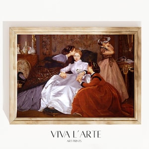 May include: A painting depicting four women in a room with elaborate furnishings. The women are wearing elegant attire, and one is holding a bunch of flowers. The painting is framed in a gold frame.