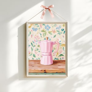 Italian Coffee Art Print, Pink Moka Pot Kitchen Decor, Vintage Espresso Wall Art, Cozy Cottage Kitchen Poster | PR474