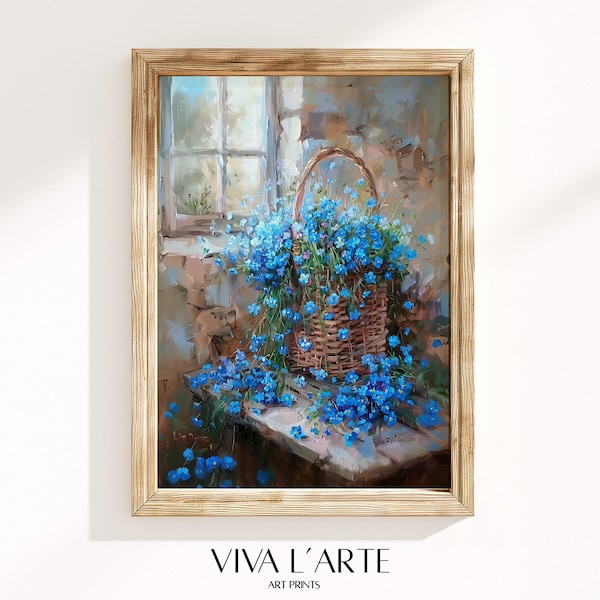 Blue forget-me-nots printable wall art | floral vintage print | farmhouse wall decor | cottage wall paint | blue flowers painting | digital