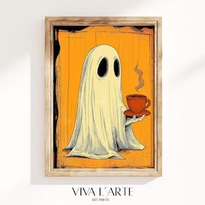Cartel retro de octubre de Halloween fantasma, fantasma espeluznante y maravilloso con estampado de café, arte de pared de Halloween estilo dibujos animados retro, impresión de cocina de Halloween