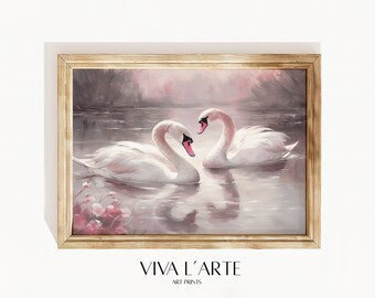 Swan Art Download |Pastel Farmhouse Nursery Painting | Vintage PRINTABLE Wall Art | coquette swan print | romantic wall art | wall decor
