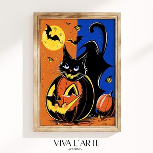 Impresión retro de Halloween, cartel espeluznante de calabaza y gato, arte de pared de Halloween estilo dibujos animados retro, regalo de fiesta de Halloween, decoración de pared de truco o trato