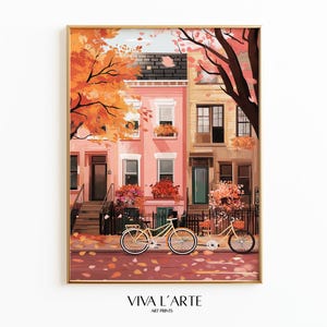 Süße pastellfarbene Herbststadt-Wandkunst| Herbst City Bike Landschaft Kunstdruck | Herbstliches süßes Stadtposter| Boho Herbst Street Wall Art | Digitale Downloads