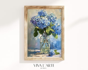 Printable Hydrangea Oil Painting, Blue Hydrangea print, Digital Downloads, Flowers in vase wall art, Summer wall print, Botanical wall art