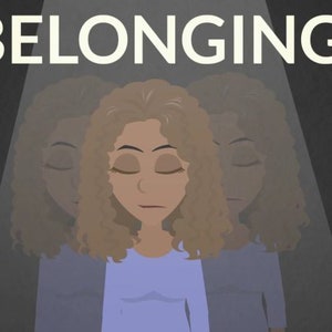 May include: A digital illustration of a woman with brown hair and closed eyes. The woman is depicted three times, with the middle image in focus and the other two images blurred. The word "BELONGING" is written in white letters above the woman's head.