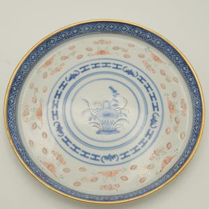 Vintage Porcelain Plate - Blue and White Oriental-Inspired Decorative Dish with Gold Trim