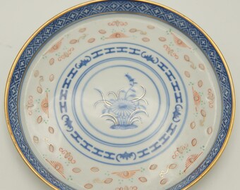 Vintage Porcelain Plate - Blue and White Oriental-Inspired Decorative Dish with Gold Trim