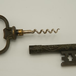 Antique Key Corkscrew - Ornate Brass and Steel Wine Opener with Grape Motif