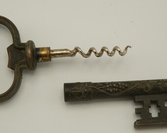 Antique Key Corkscrew - Ornate Brass and Steel Wine Opener with Grape Motif