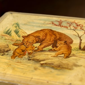 Vintage Tin Box - Rustic Bear Family in the Mountains Design - Charming Retro Storage Container