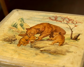 Vintage Tin Box - Rustic Bear Family in the Mountains Design - Charming Retro Storage Container