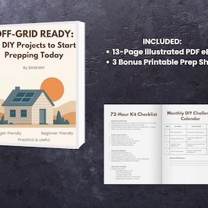 Puede incluir: Una cubierta de libro blanca con el título "Off-Grid Ready: 10 DIY Projects to Start Prepping Today" por Baskany. La cubierta presenta una ilustración de dibujos animados de una casa con paneles solares en el techo. El libro está abierto para revelar una lista de verificación y un calendario.