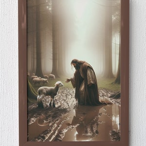 Jesus and Lamb Printable Art, Jesus Looking for Lost Sheep, Jesus Art, Christ Wall Art, Christian Wall Art, Bible Art Printable