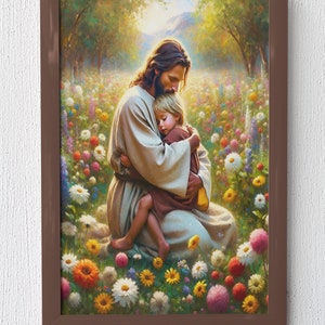 Jesus Christ Hugging Child in Meadow Flower Printable Art, Oil Painting, Bible Verse Art, Christ Wall Art, Savior Art, Christian Printable