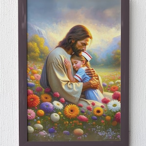 Jesus Christ Hugging Nurse Child in Meadow Flower Printable Art, Oil Painting, Bible Verse Art, Christ Wall Art, Christian Printable Nurses