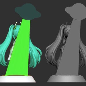May include: A 3D printed figurine of a female anime character with long green hair. The character is standing on a base with a green and gray UFO hovering above her head.