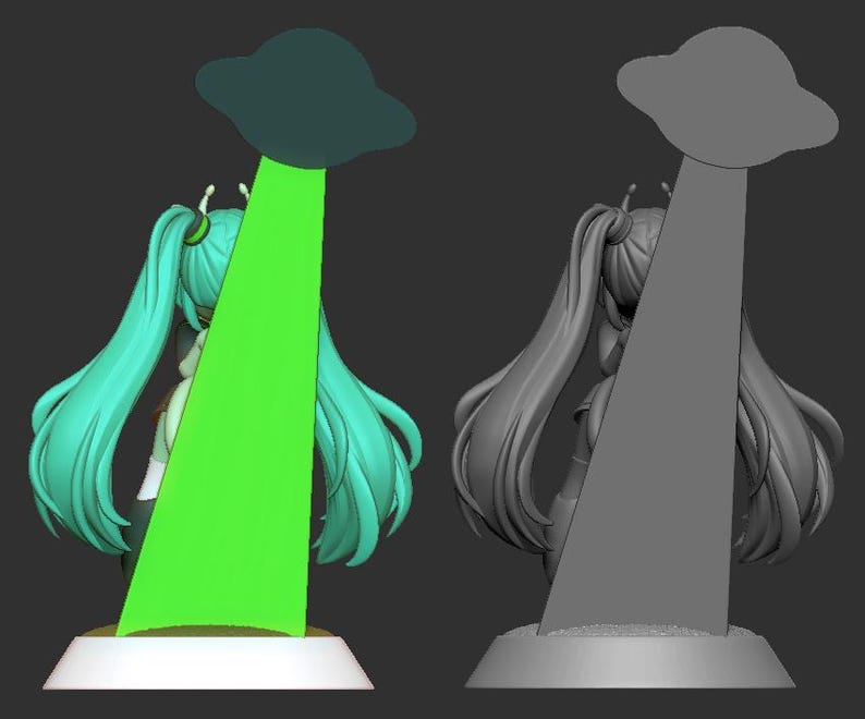 May include: A 3D printed figurine of a female anime character with long green hair. The character is standing on a base with a green and gray UFO hovering above her head.