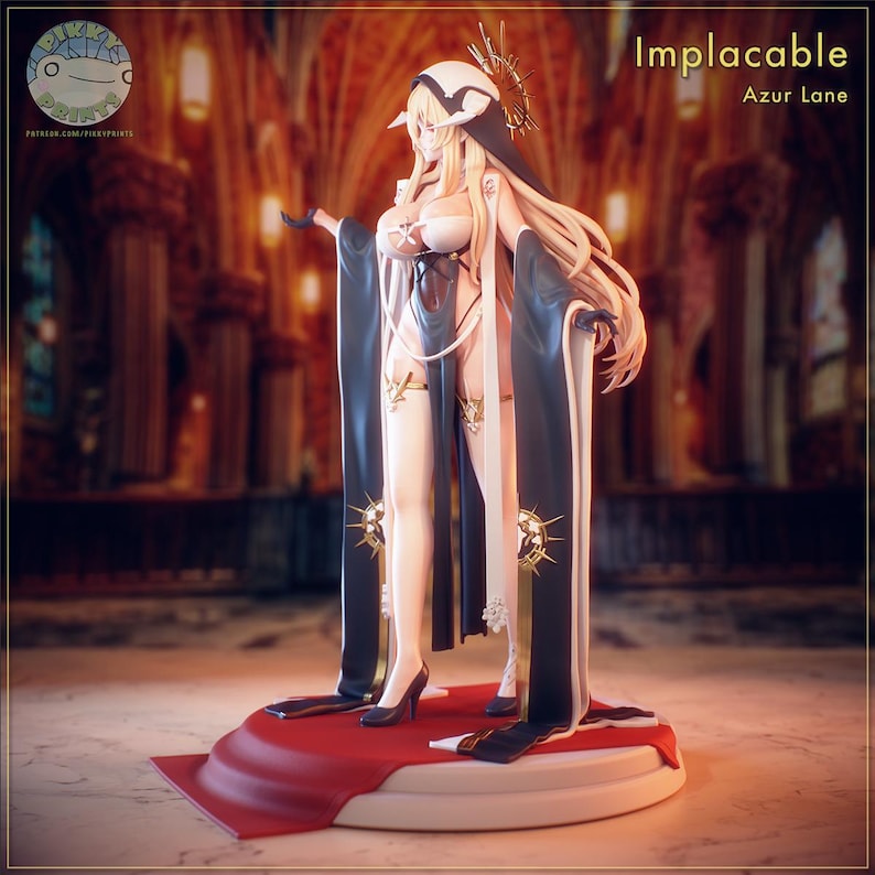 May include: A detailed figurine of the character "Implacable" from Azur Lane. The figure is blonde with a white and black outfit, gold accents, and a long flowing cape. The figure stands on a red and white base.