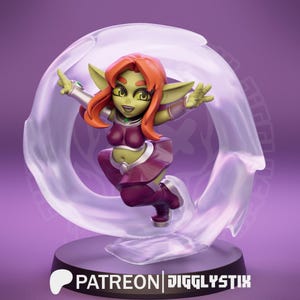 May include: A 3D-printed figurine of a cartoon character with green skin, red hair, and a purple outfit. The figure is posed dynamically within a translucent, swirling effect, set against a purple background. The base of the figure has the text "PATREON | DIGGLYSTIX".