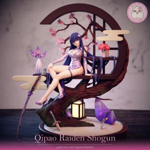 May include: A detailed figurine of a woman in a lavender qipao dress, seated on a wooden structure with cherry blossom branches. The figurine is surrounded by decorative elements, including a vase, a sword, and a lantern. The base of the figurine has the text "Qipao Raiden Shogun".