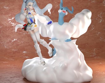 Puede incluir: Una figura blanca y azul de un personaje femenino con cabello largo azul y un atuendo blanco y azul de pie sobre una base blanca en forma de nube. El personaje sostiene una pelota roja y blanca en su mano derecha. Una criatura azul y blanca con un cuerpo en forma de nube está detrás del personaje.