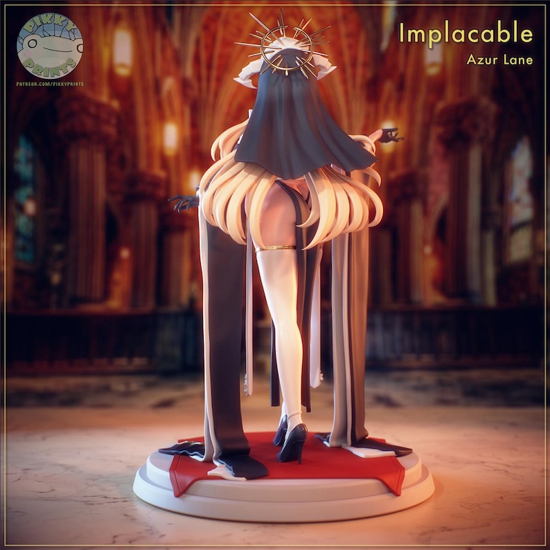 May include: A figurine of a character from Azur Lane, labelled "Implacable." The figure has blonde hair, a black veil, and a gold halo. It is wearing a black and white outfit with a red base. The figure is holding a small cup.