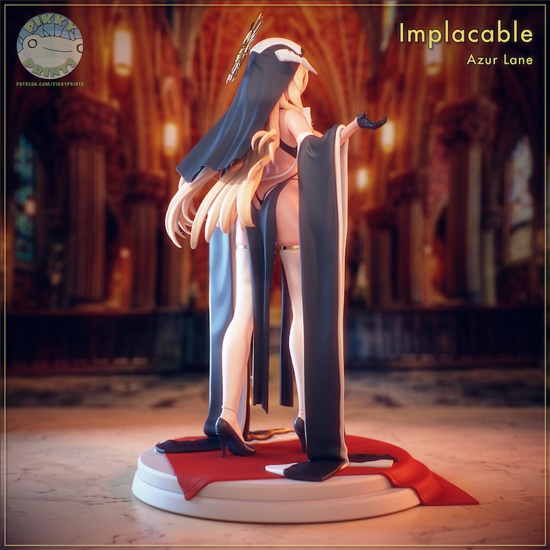 May include: A figurine of the character "Implacable" from "Azur Lane" is shown. The figure has long blonde hair, a black and white habit, and a long black robe. The figure is standing on a white base with a red carpet.