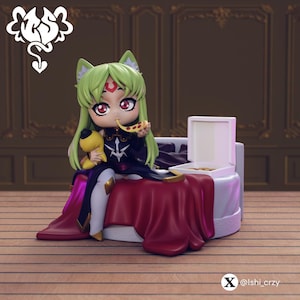 May include: A figurine of a character with green hair and cat ears, eating pizza while holding a yellow plush toy. The figure is seated on a small couch with a red blanket, and a pizza box is nearby. The background is a dark brown wall.