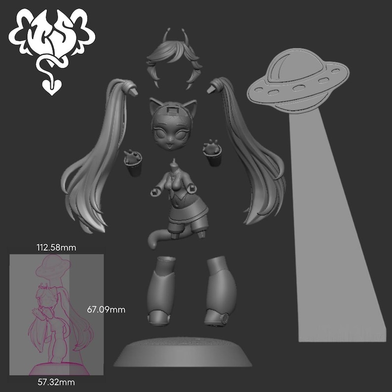 May include: A 3D printed model of a cartoon character with cat ears, a tail, and a futuristic outfit. The model is disassembled into multiple pieces, including the head, body, legs, arms, and hair. The model is approximately 6.7 inches tall.