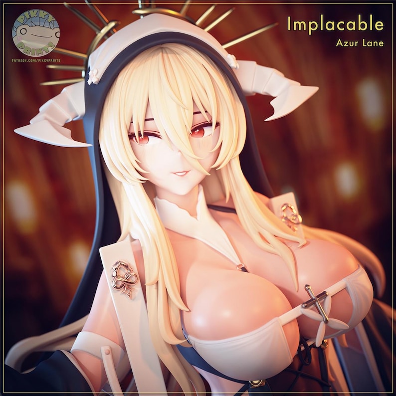 May include: A detailed figurine of a female character with long blonde hair, red eyes, and a white and black outfit. The figure has a stern expression and is adorned with horns and a halo. The text "Implacable" and "Azur Lane" are visible.