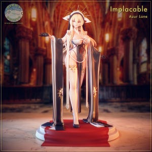 May include: A detailed figurine of a character from Azur Lane, named Implacable. The figure is blonde, wearing a white and black outfit with gold accents. The figure is standing on a red and white platform. The background is a blurred interior.