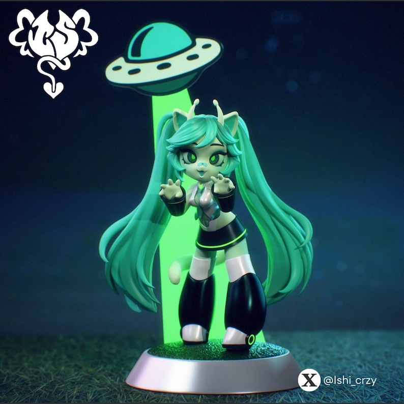 May include: A green and white figurine of a cartoon character with cat ears and a long green ponytail. The character is wearing a black and white outfit and is standing on a silver base. A green UFO is hovering above the character, with a green beam of light shining down on it. The text "@lshi.crzy" is visible in the lower right corner of the image.