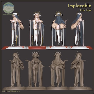 May include: A 3D-printed figure of the character Implacable from Azur Lane. The figure is shown in various poses, wearing a dark blue and white outfit with long flowing fabric and a halo-like headpiece. The figure is on a red and white platform.