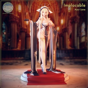May include: A detailed figurine of a character from Azur Lane, named Implacable. The figure is blonde, wearing a white and black outfit with gold accents, and a long black cape. The figure stands on a red carpeted platform.