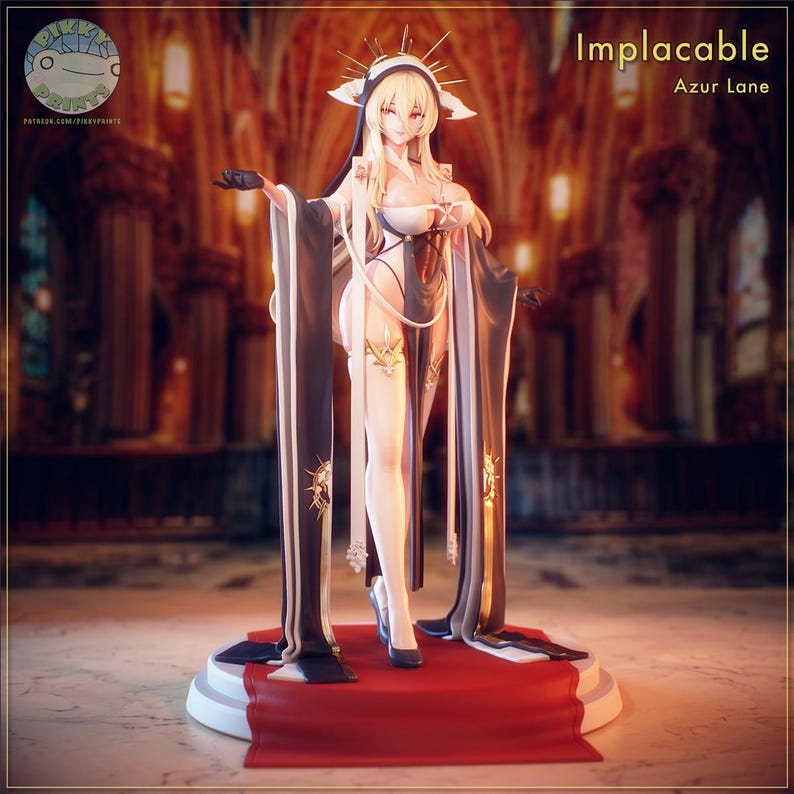 May include: A detailed figurine of a character from Azur Lane, named Implacable. The figure is blonde, wearing a white and black outfit with gold accents, and a long black cape. The figure stands on a red carpeted platform.