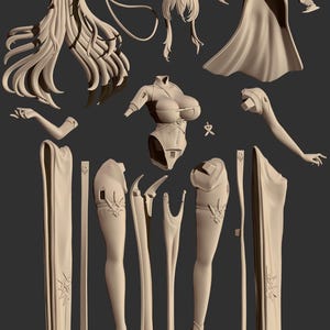 May include: A selection of beige 3D-printed model components, featuring heads, hair, a torso, arms, legs, and a cape. The parts are displayed on a dark grey backdrop, indicating a figure model kit.