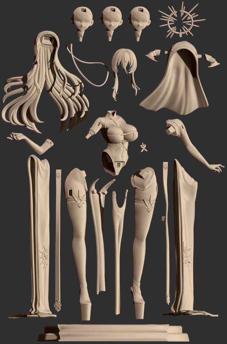 May include: A selection of beige 3D-printed model components, featuring heads, hair, a torso, arms, legs, and a cape. The parts are displayed on a dark grey backdrop, indicating a figure model kit.