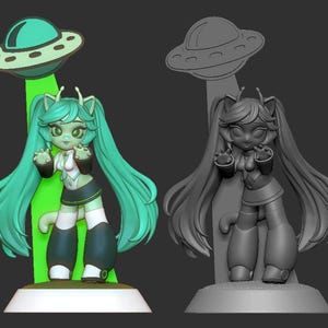 May include: A green and white figurine of a cat-like anime character with long green hair, wearing a white shirt, a green skirt, and white boots. The character is standing on a green and white base with a green UFO above it.