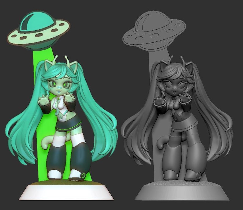 May include: A green and white figurine of a cat-like anime character with long green hair, wearing a white shirt, a green skirt, and white boots. The character is standing on a green and white base with a green UFO above it.
