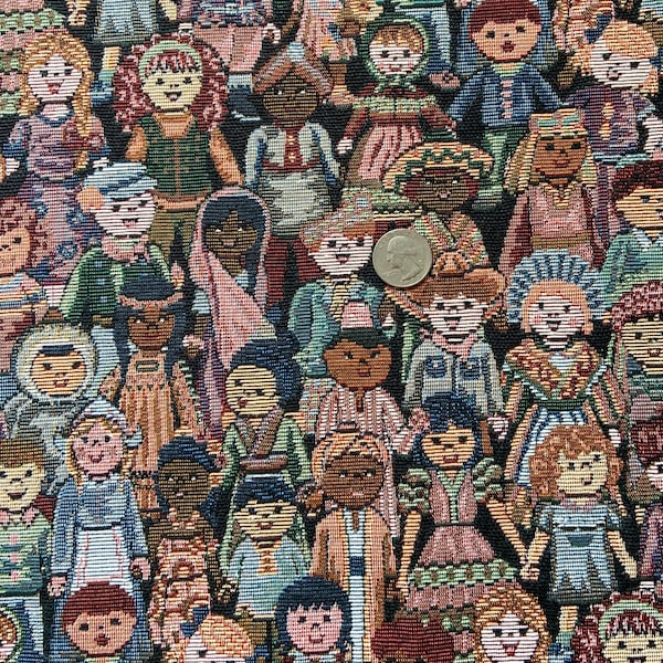 Children of the World Tapestry Upholstery Fabric by the Yard Jewel  Tapestry Fabric Blue Green Rose Pink Coral Brown Black
