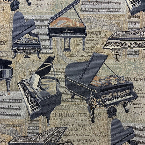 Grand Piano Tapestry Fabric by the Yard Woven Upholstery Fabric Black Gray Beige Rust Jacquard Fabric
