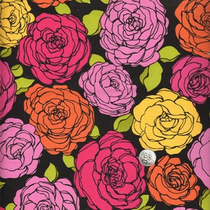 May include: Black fabric with a repeating pattern of large, colorful, outlined roses in pink, orange, yellow, and red. The roses are on a black background with green leaves.