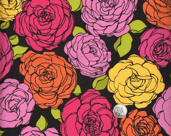 2 yd Floral Fabric REMNANT Modern Upholstery Fabric   Colorful Roses Orange Pink Yellow Green Black Twill Home Dec or Fashion Fabric DESTASH